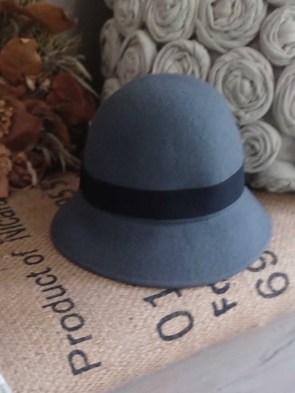 Classic Women's Wool Cloche Hat in Slate Blue with Black Band